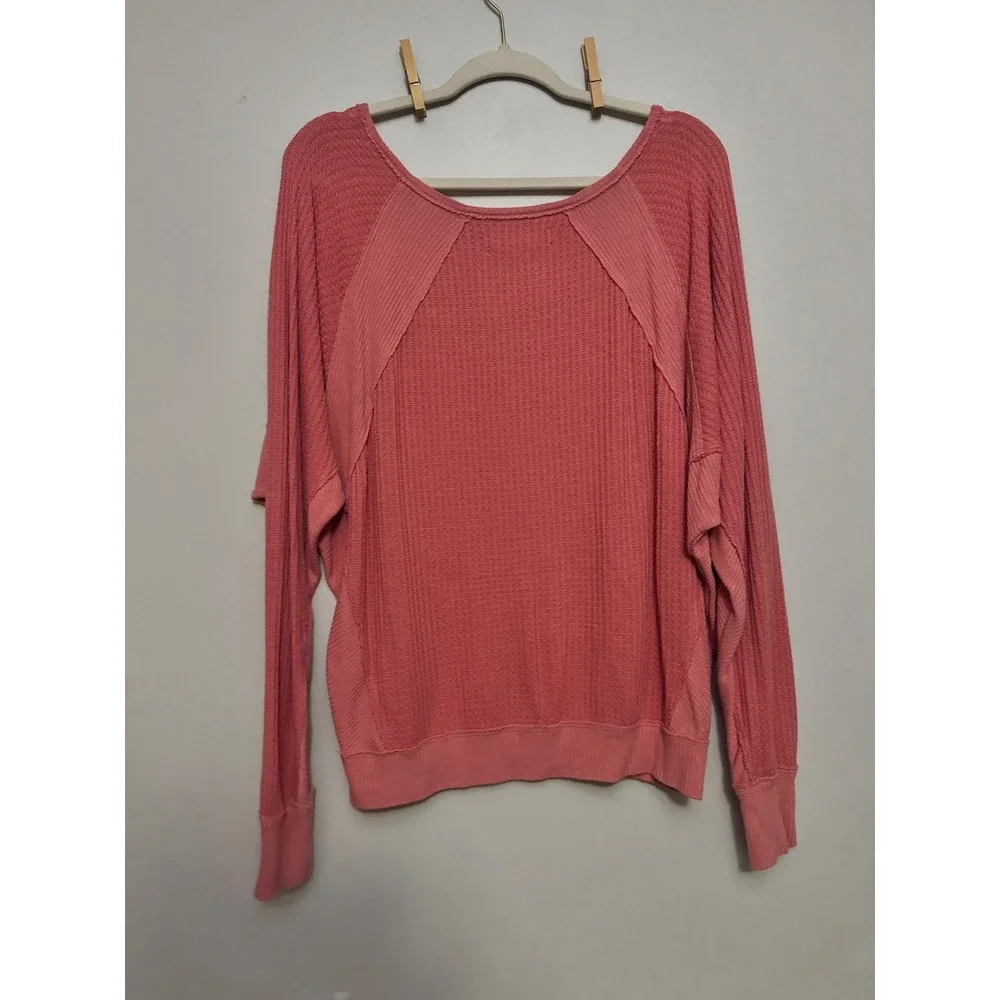 Free People We The Free Rose Pink Waffle Knit V-Neck Thermal Top Small
